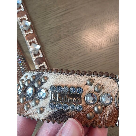 Vtg BB Simon Leather Calf Hair Western Rhinestone Buckle Belt - Very Heavy - main image 6